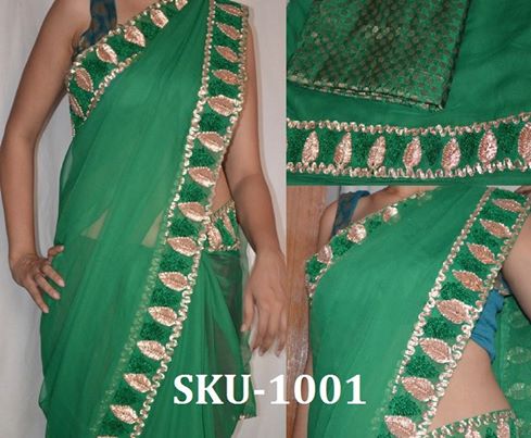Green Semi Chiffon Saree SKU-1001